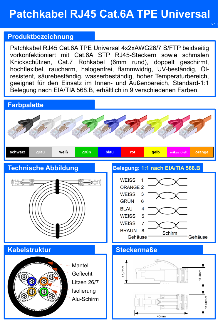 Patchkabel RJ45 Cat.6A TPE Universal Datenblatt