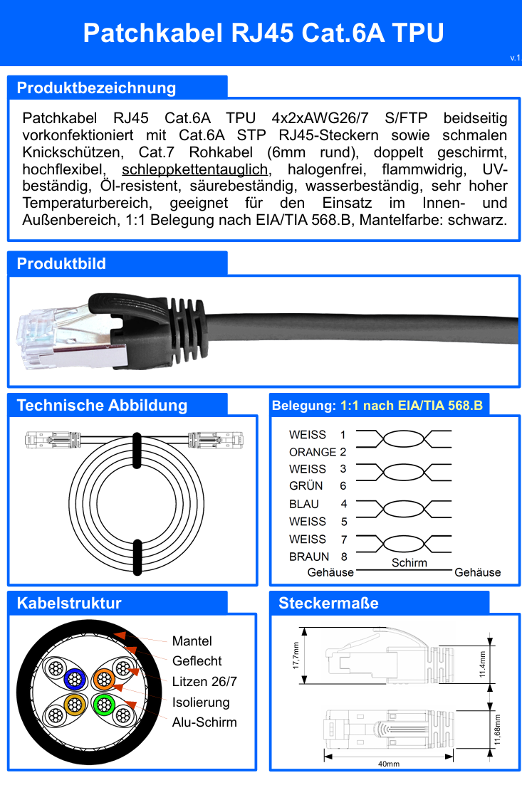 Patchkabel RJ45 Cat.6A TPU Datenblatt